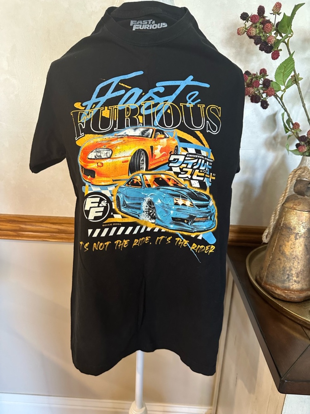 Universal city Fast & Furious Black Tee with Orange and Blue Race Cars